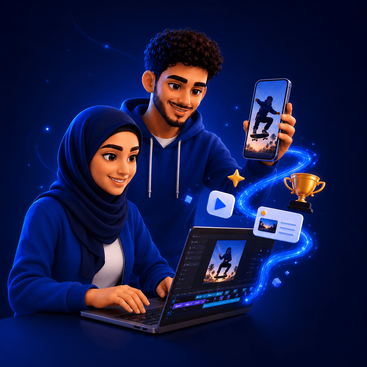 شاب وفتاة يصنعان فيديو قصيرًا بالذكاء الاصطناعي داخل Xenon Creator League