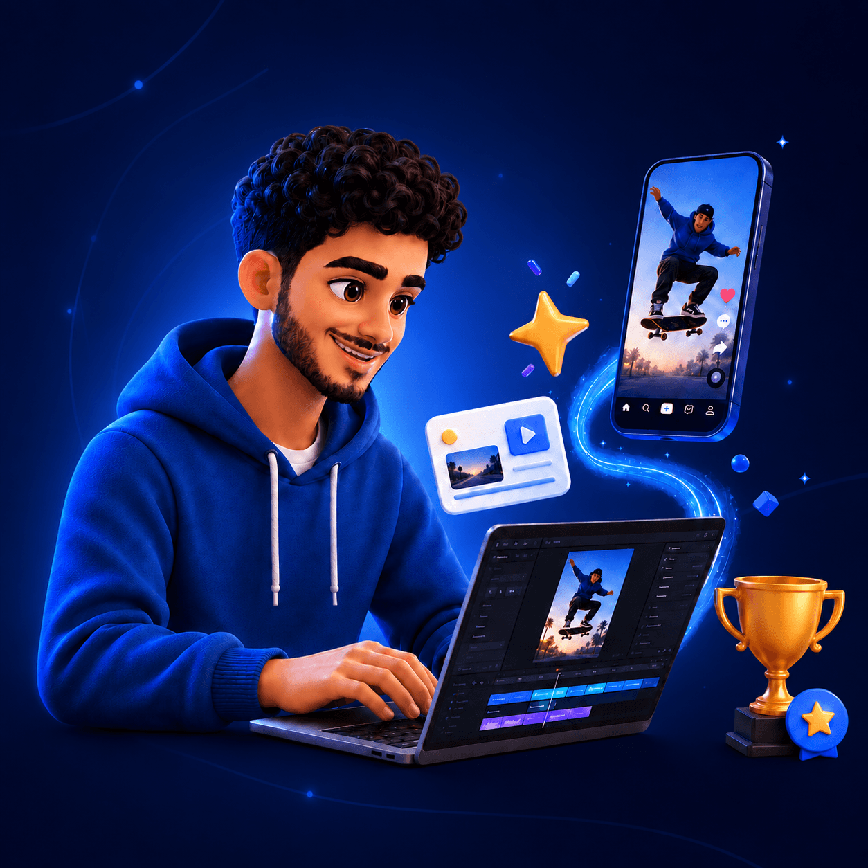 صانع محتوى يعمل على مونتاج فيديو قصير ويستعد للمنافسة في Xenon Creator League