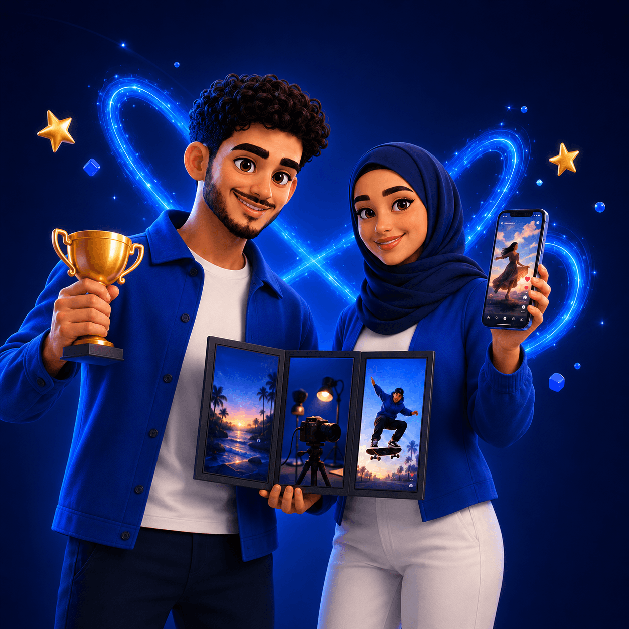 شاب وفتاة يعرضان مشروعاتهما ويحتفلان بالفوز داخل Xenon League